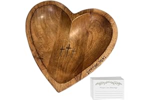 BIXMK Prayer Bowl Wooden with Cards, Wooden Heart Prayer Bowl with Cross, Handcrafted Wood Prayer Dough B owl for Women with 24 Prayer Cards
