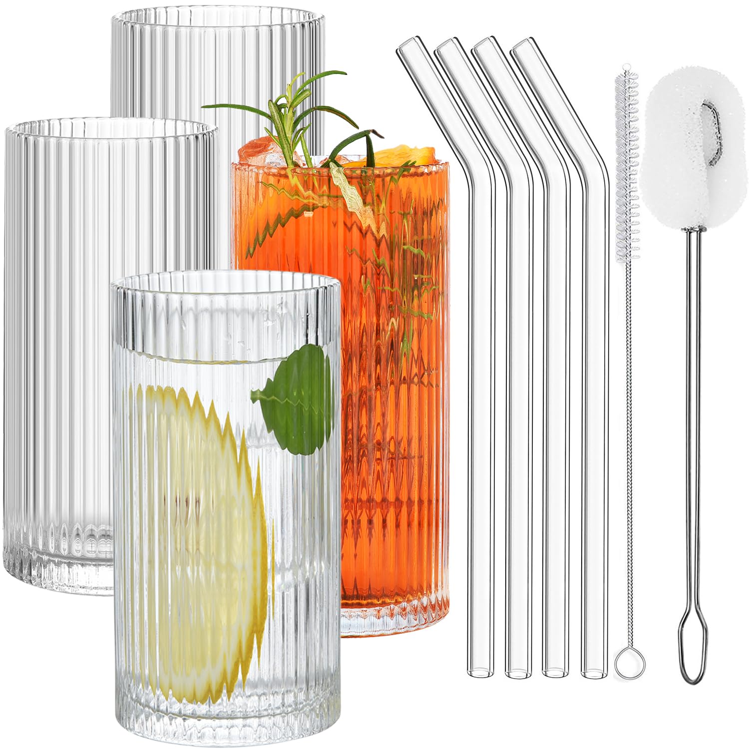 ALINK Ribbed Glassware Set of 4, Highball Water Drinking Glasses with Straws, Glassware Iced Coffee Cups, Origami Style Ridged Tumbler for Coocktail, Whiskey, Beer(12oz)