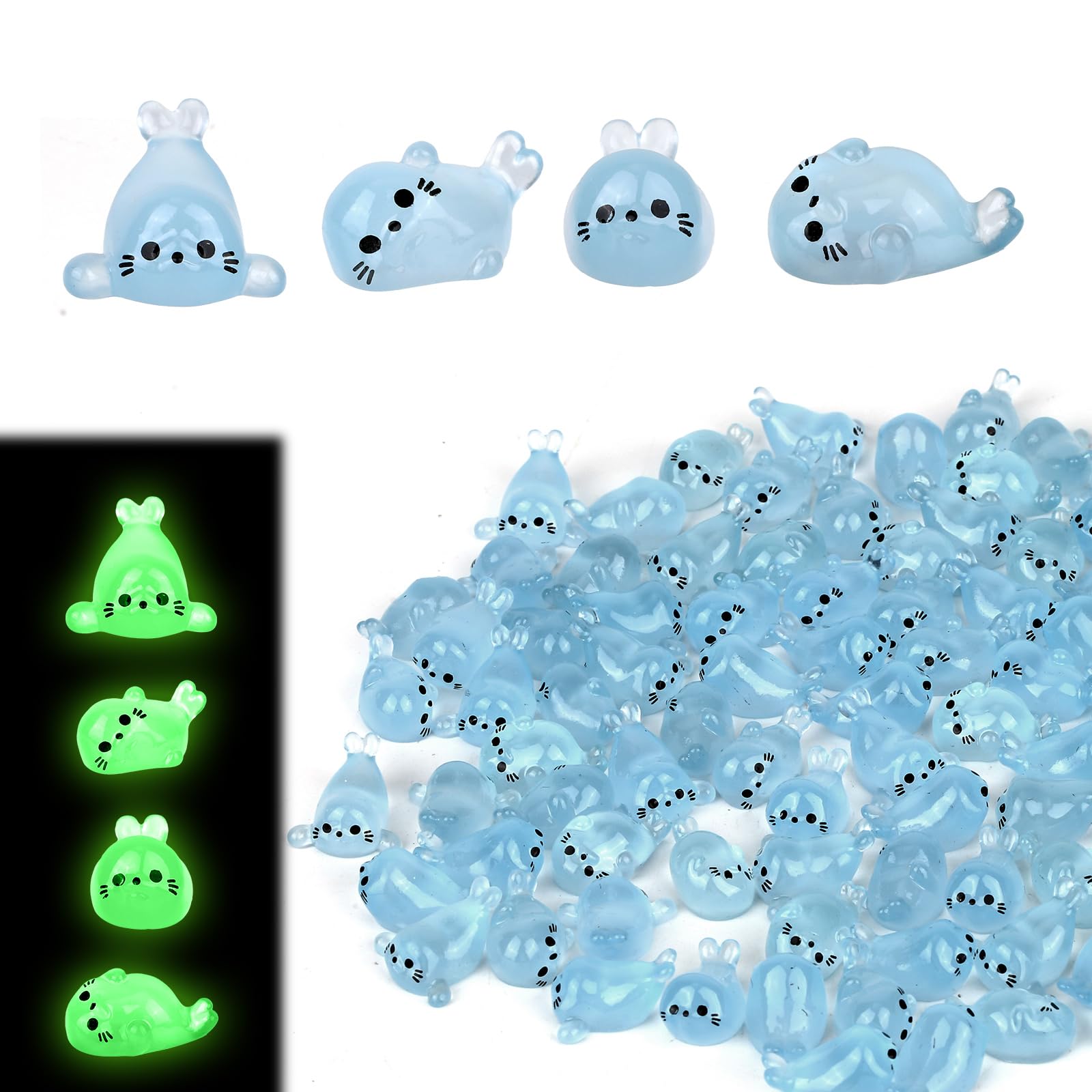 100pcs Mini Resin Seal, Glow in the Dark Tiny Resin Seal Cute Small Sea Animal Miniature Ocean Animals for Dollhouse Aquarium