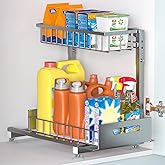L-Shaped Under Sink Organizer, 2-Tier Pull Out Metal Kitchen Cabinet Organizer with Sliding Storage Drawer, Height Adjustable Heavy Duty Under Bathroom Sink Storage for Cleaning Supplies 1 Pack