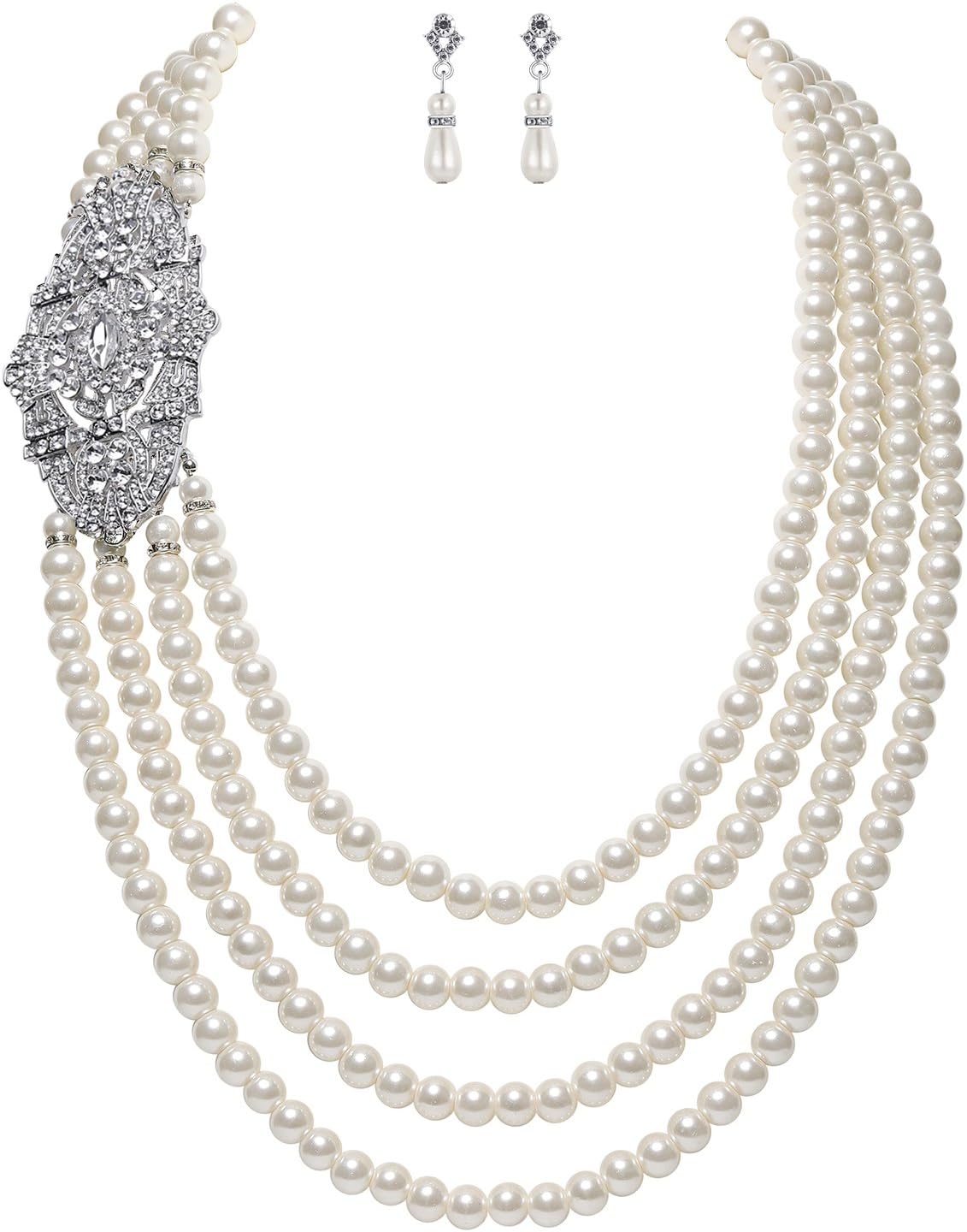 1920s Gatsby Accessories Great Gatsby Flapper Pearl Necklace Multi-layer Imitation Pearl Choker Necklace with Crystal Flower Brooch