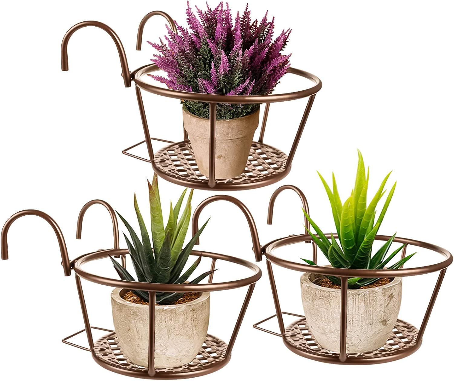 Kingbuy Balcony Rail Planters Hanging Railing Plant Holder Stand Flower Pot Basket for Fence Patio Deck Planter Outside and Indoor, 3 Pack, Brown (Removable)