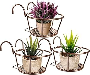 Kingbuy Balcony Rail Planters Hanging Railing Plant Holder Stand Flower Pot Basket for Fence Patio Deck Planter Outside and Indoor, 3 Pack, Brown (Removable)