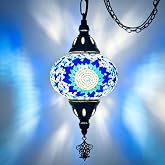 Plug-in Moroccan Turkish Mosaic Hanging Pendant Ceiling Light &ndash; , Stained Glass Lamp,Swag Lamp Fixture with 15ft Cord &amp; Chain, Mediterranean Decor, Handcrafted Glass, Mediterranean Decor (Colorful 1)
