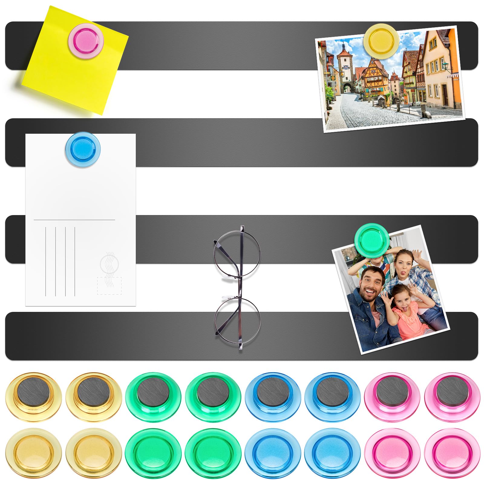 Photo 1 of Wukong 4 Pack | 30x3cm(11.81 x 1.18) Magnetic Stainless Black Boards Strips, Adhesive Backing Bulletin Bar Board, Memo Board with 16Pcs Colorful Magnets for Office, Home, Photo Wall, Documents