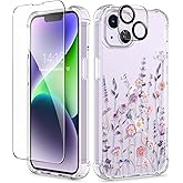GVIEWIN for iPhone 14 Case Floral, with Screen Protector+Camera Lens Protector,[Non Yellowing]Soft Shockproof Clear Phone Protective Cover for Women, Flower Pattern Design 6.1