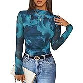 ZESICA Floral Long Sleeve Tops for Women Spring Mesh Mock Neck Ruched Fitted Shirts Going Out Blouses Trendy Clothes