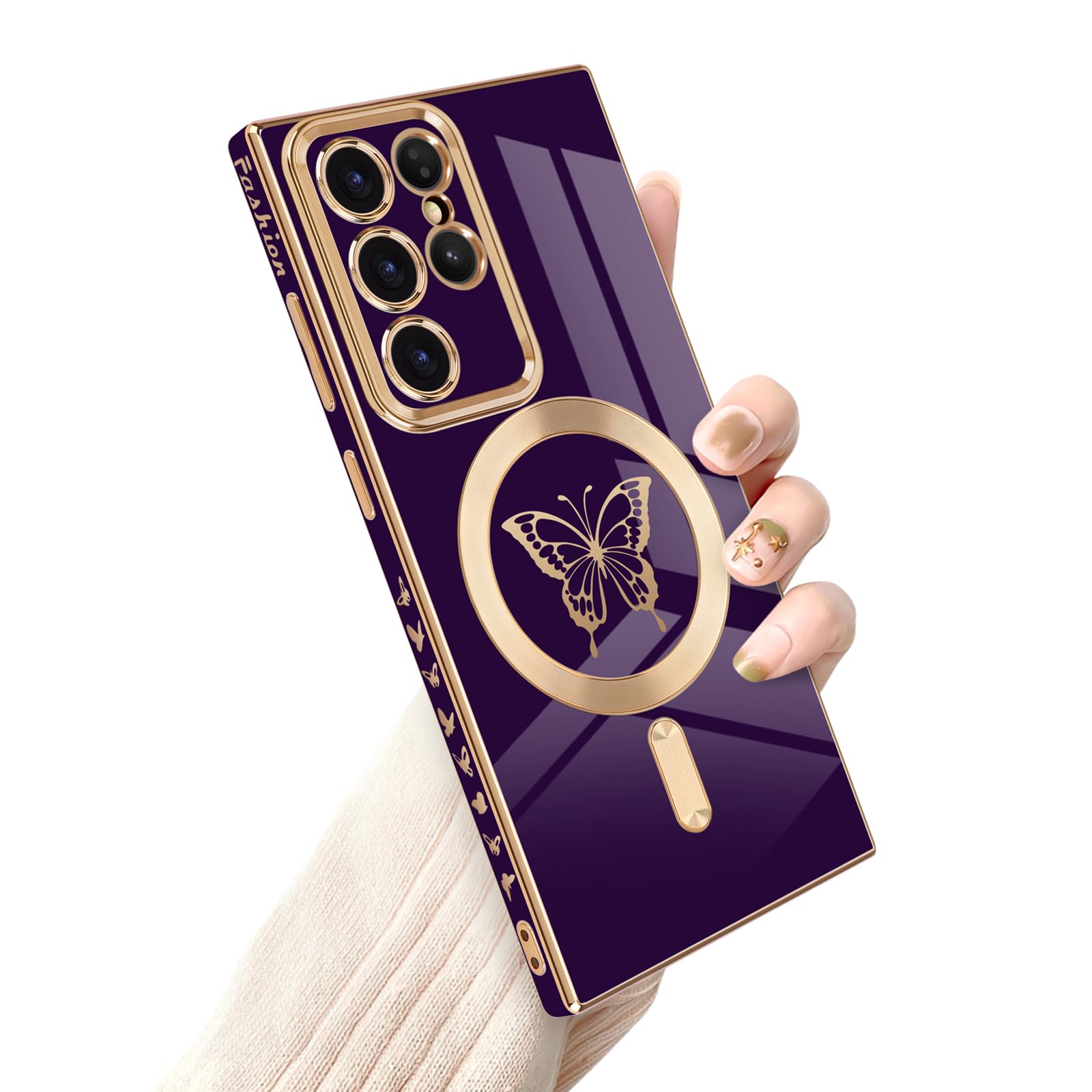 Photo 1 of Magnetic Case for Samsung Galaxy S22 Ultra 5G, Luxury Cute Butterfly Plating Edge Case for Women Girls Men Soft TPU Shockproof Full Camera Protective Case Cover for Samsung Galaxy S22 Ultra-Purple