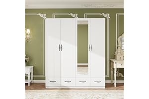 Keloyid Tall Wood Wardrobe Armoire with Mirror 4 Door 4 Drawers Closet Storage Cabinet for Hanging Clothes Large Wardrobe Closet for Bedroom White