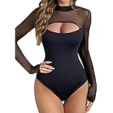Aranmei Women’s Sexy Mock Turtle Neck Long Sleeve Shirts Sheer Mesh Cutout Trendy Going Out Bodysuits Tops