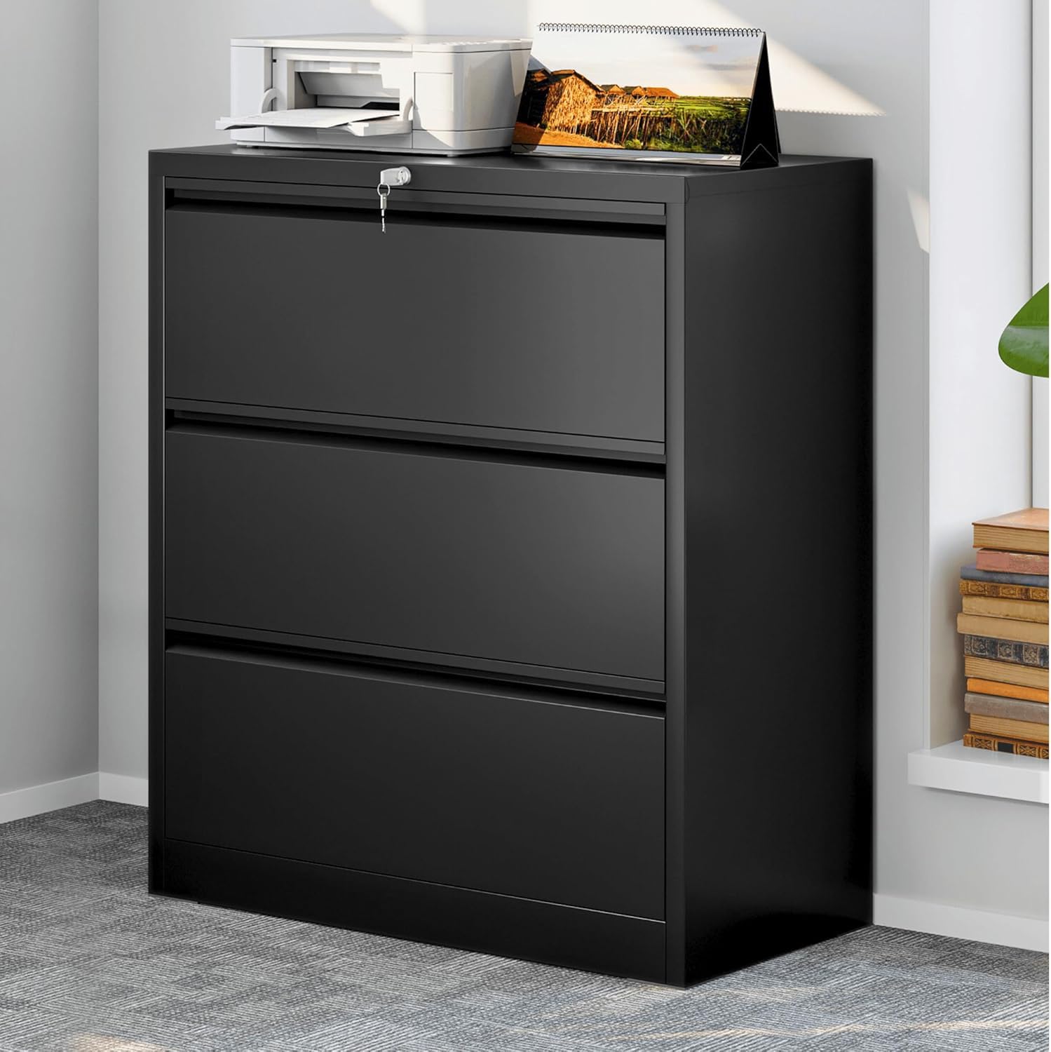 Photo 1 of DWVO Lateral File Cabinet with 3 Drawers, Lockable Metal Stainless Steel Wide Filing Cabinet for Legal/Letter A4 Size, Heavy Duty Office Organizer Storage Cabinet, Black