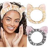 TEBIEKOY Plush Cat Ears Spa Headband For Washing Face Skincare Makeup, Elastic Animal Headbands for Women Girls Soft Coral Fleece Facial Wash Hair Accessories Trendy Stuff Gifts, 2PCS