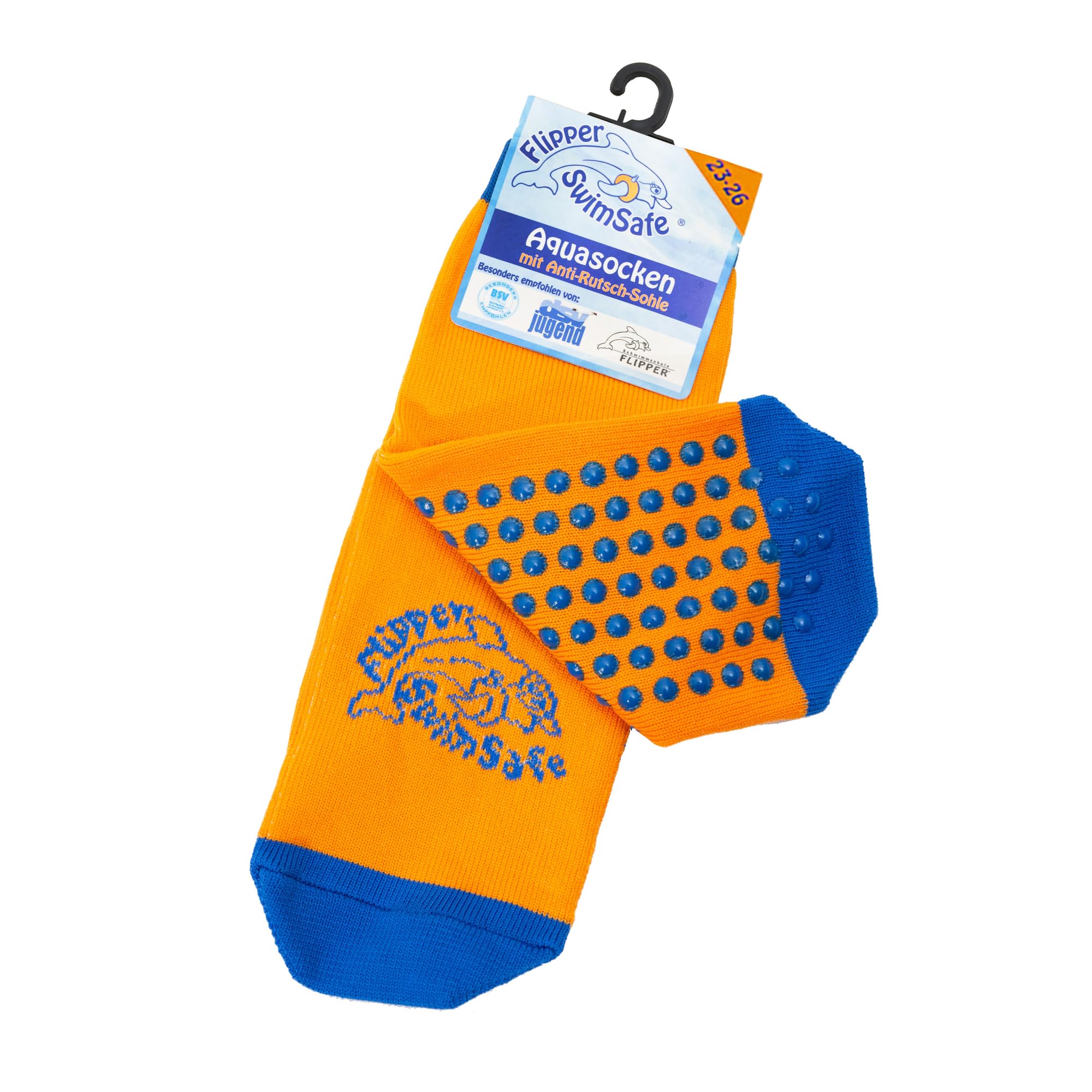 Flipper SwimSafe - Aqua Socks with Non-Slip Sole in Blue/Orange, for Children and Toddlers, for Carefree Swimming Pool Visit, Made in Germany