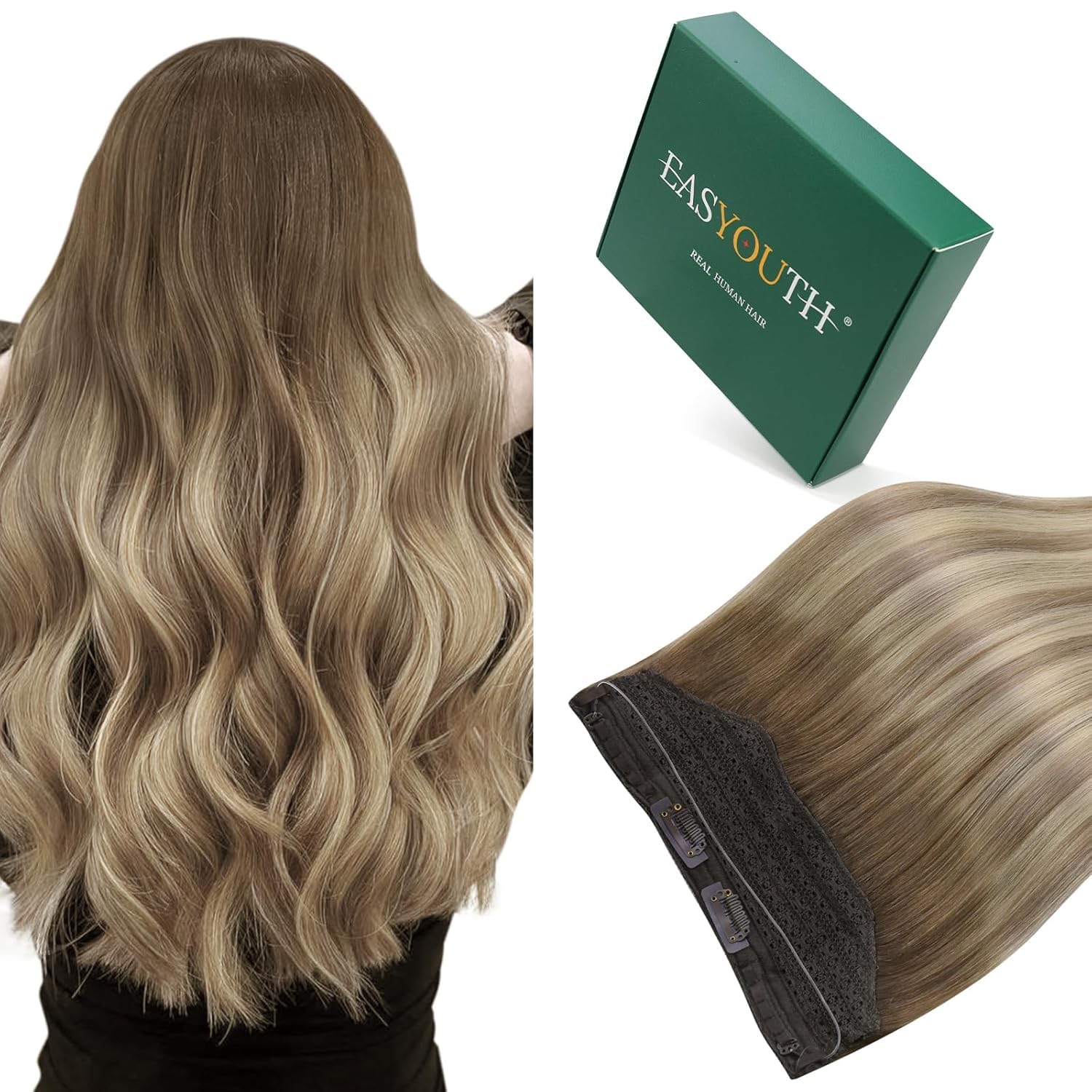 Easyouth Wire Hair Extensions Human Hair Balayage Blonde Fish Line Hair Extensions Dark Brown to Ashbrown Mixed Medium Blonde Ombre Secret Wire Human Hair Extension 14Inch 70g #3/8/22 — image 1