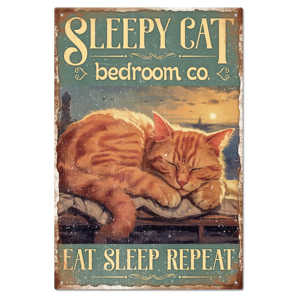GLOBLELAND Sleeping Cat Vintage Metal Tin Sign - Funny Art Plaque Poster Retro Wall Decor Painting 8×12in for Home Bar Coffee Shop Club Decoration