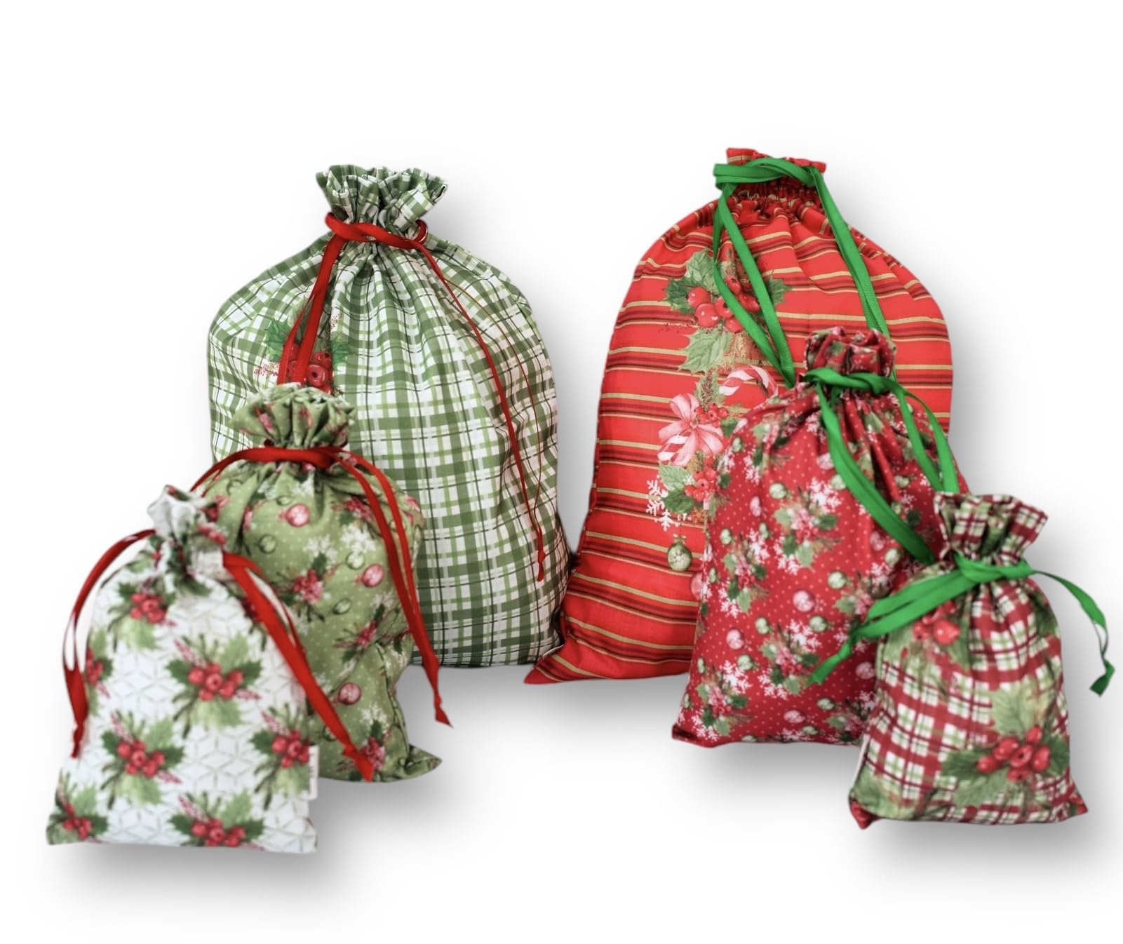 6pcs Fabric Gift Bags Multipack - Reusable Drawstring Ribbon Wrapping Pouches for Christmas, Valentine's, Easter, Mother's Day, Birthdays - Festive Cotton Gift Wrap Sacks(Red Green Mistletoe)