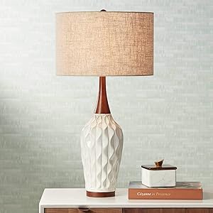 Rocco Mid Century Modern Table Lamp White Geometric Ceramic Wood Tan Fabric Drum Shade for Living Room Family Bedroom - 360 Lighting