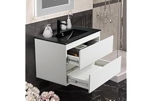 KSWIN 30" White Bathroom Vanity Wall Mounted Floating Vanity Two Drawers Storage Cabinet with Black Ceramic Integrated Sink