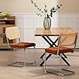 SlowlyHome Mid-Century Orange Dining Chairs Set of 2, Modern Velvet Rattan Back Chairs, Upholstery Kitchen Chairs with Silver Chromed Sled Base, Cane Back Accent Chair for Bedroom, Orange