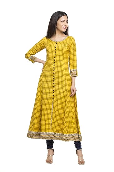 Women's Cotton Slub Checks Print Anarkali Kurta (Yellow)