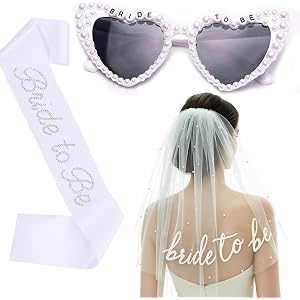 Bachelorette Party Accessories for Bride to Be - Veil Sash Heart Sunglasses | 3 Pieces, Bridal Shower Decorations, Engagement