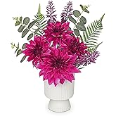 Briful Dahlia Artificial Flower Arrangement in Ceramic Vase 18.1" Tall Faux Floral Centerpiece with Fuchsia Silk Dahlias Eucalyptus Fake Potted Flowers for Home Office Dining Room Table Shelf Decor