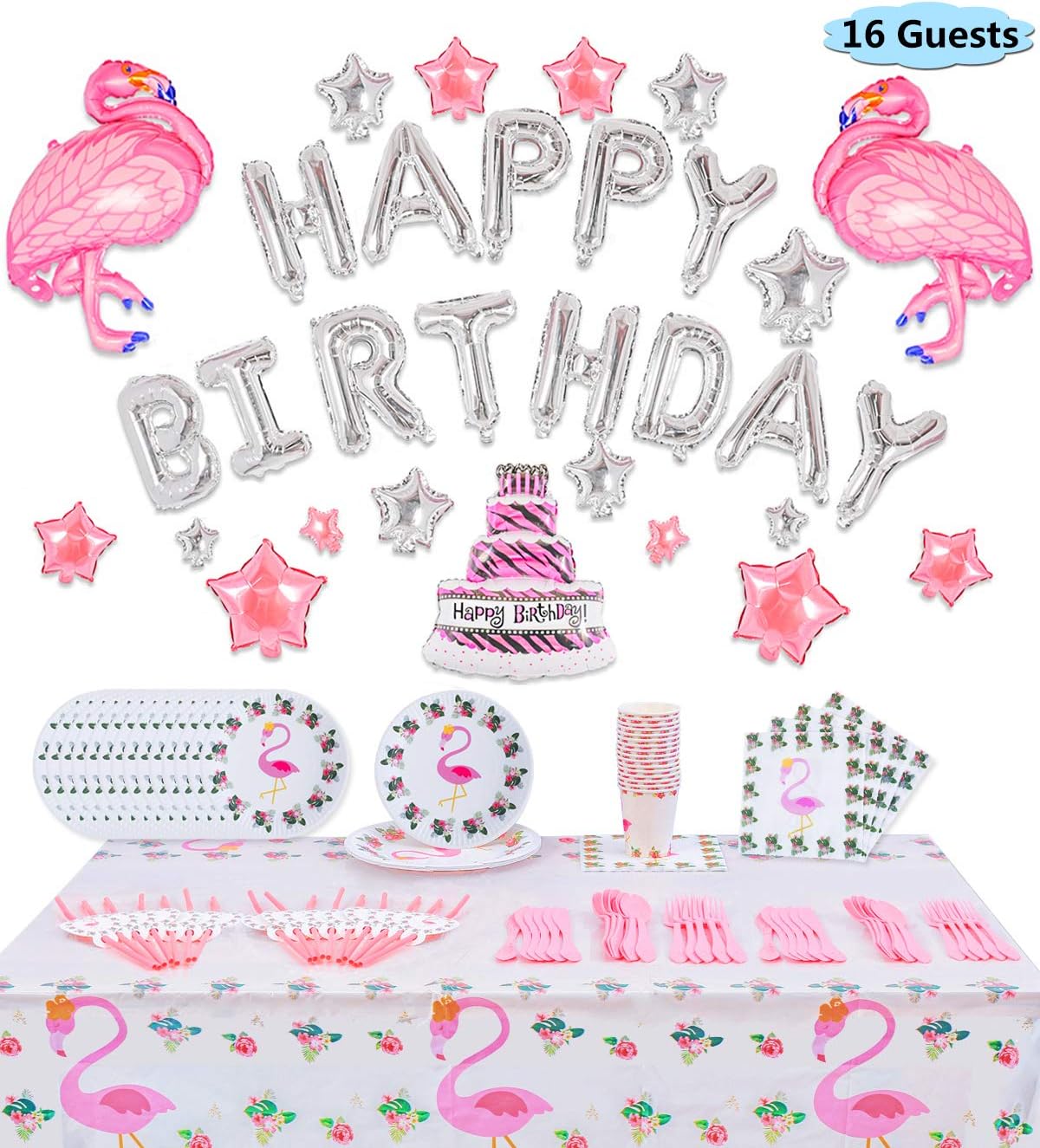 Flamingo Party Supplies Tropical Decoration - 16 Guests Flatware,Spoons,Plates,Cups,Straws,Banner,Table Cover,Balloons Napkins Summer Birthday Parties Favor Set for Girls Kids