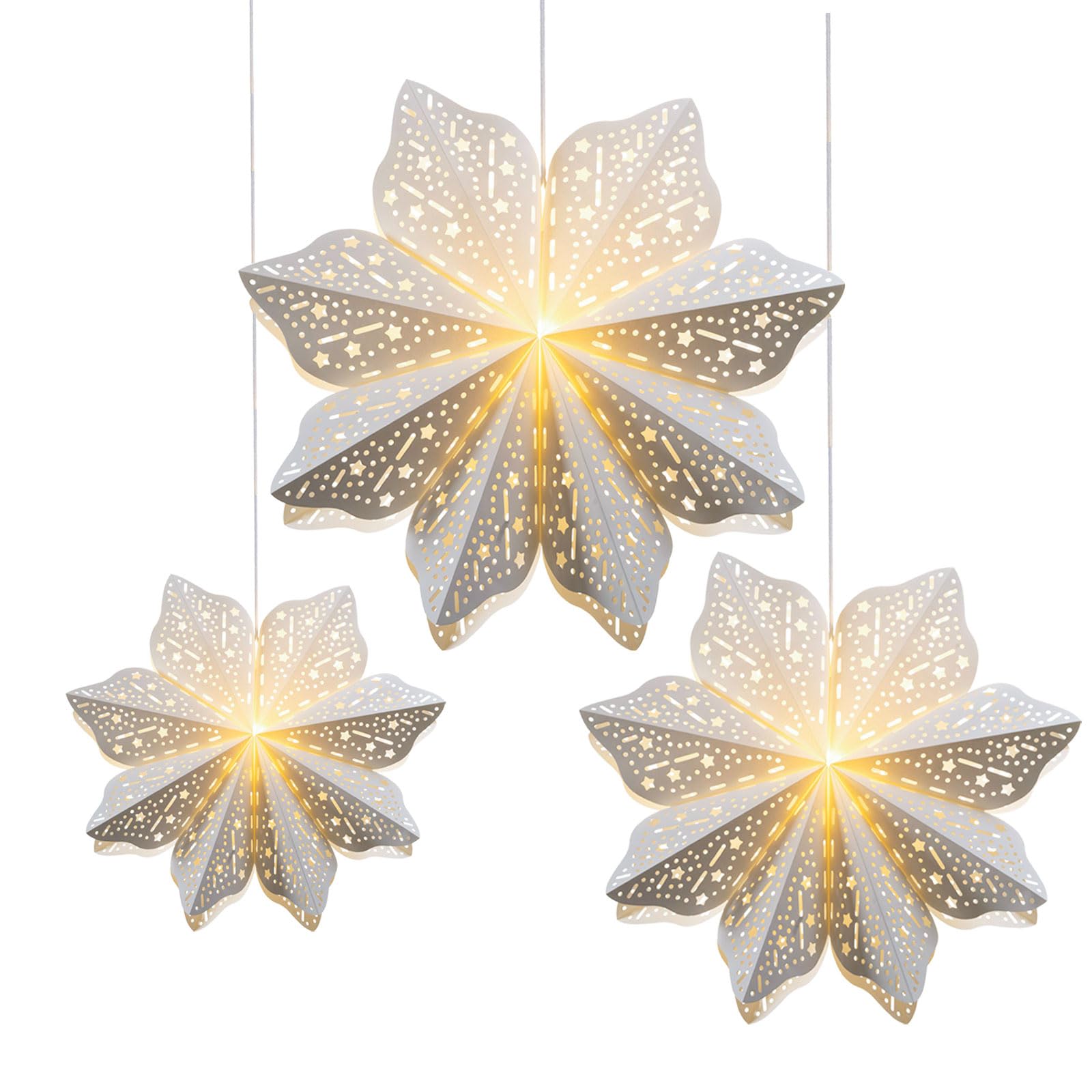 Photo 1 of 3 Pieces Christmas Paper Lantern with Star Paper Lantern Paper Lamp Frozen Party Hanging Decoration for Weddings Christmas Trees Birthday Holiday Party Celebration (White)