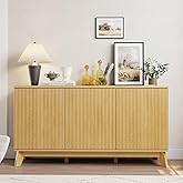 58" Modern Farmhouse Sideboard Buffet Cabinet with Curved Fluted Doors, 4 Doors & Adjustable Shelves, Wood Storage Buffet Console Table for Dining Room, Kitchen, Living Room, Coffee Bar