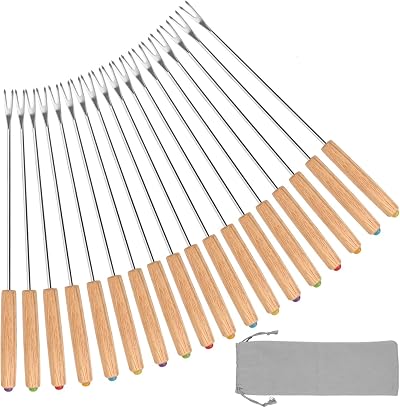 STYDDI 18 Pcs Fondue Forks with Wooden Handle 9.5in Color Coded 430 Stainless