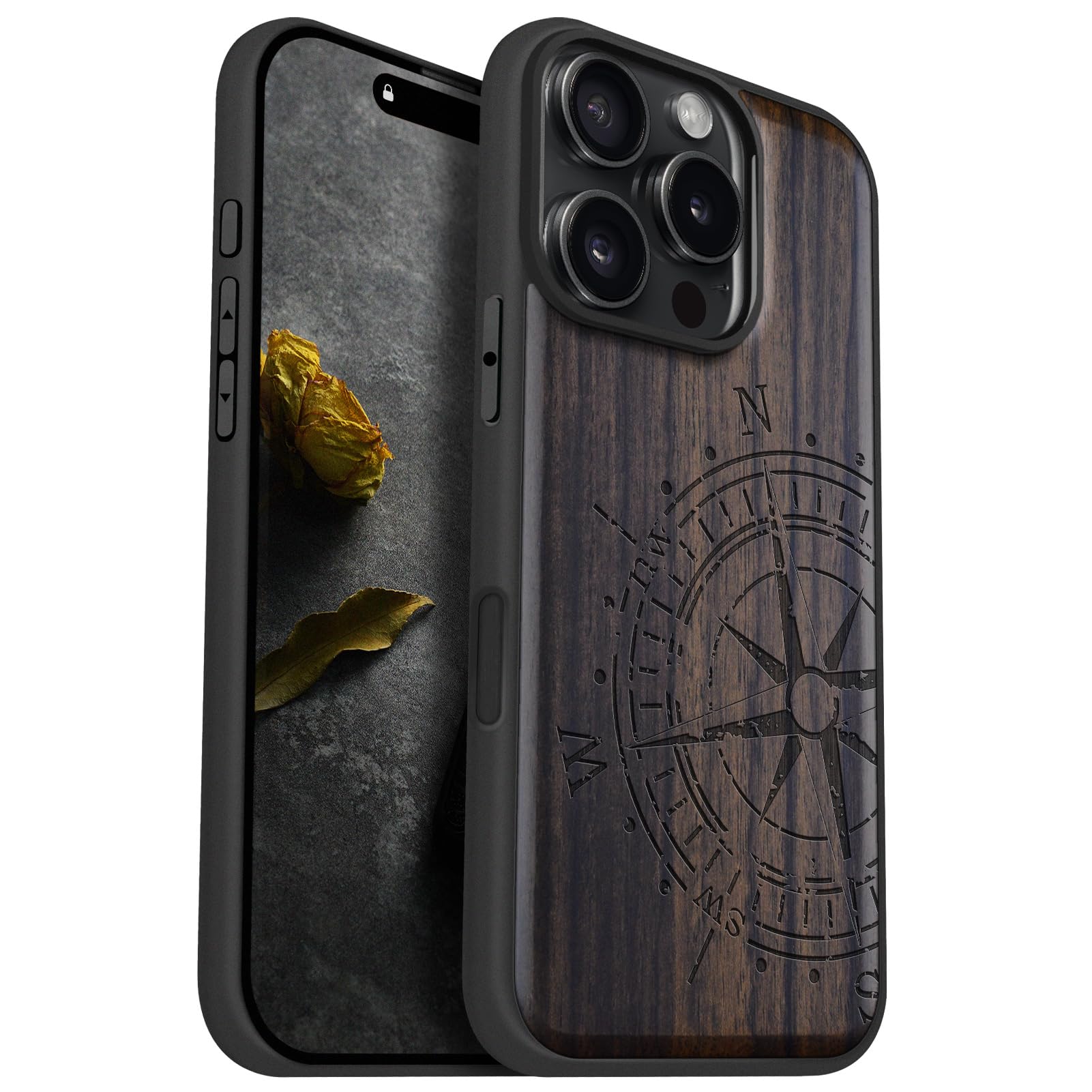 Carveit Magnetic Case for iPhone 16 Pro[Solid Wood & Black Soft TPU] Shockproof Protective Cover Unique Wooden Case Compatible with magsafe (The Incomplete Compass -Blackwood)