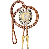HLYMPONY Bolo tie for Men Western Cowboy Brown Leather Necktie Gold Initial Letter ABCDJMR to Z Bolo ties for Women