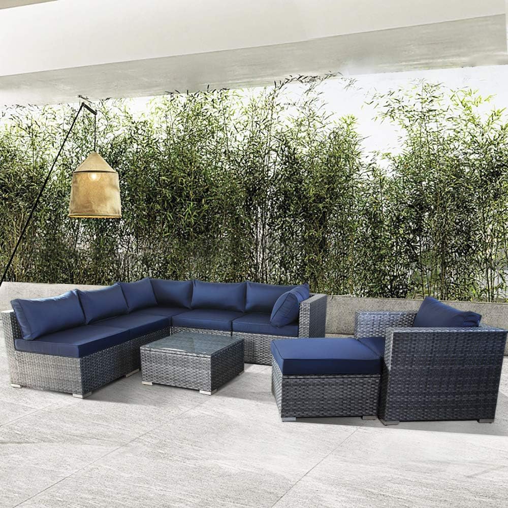 JETIME Outdoor Rattan Furniture 8pcs Patio Grey Conversation Set Garden Sofa Set Sectional Couch w/Single Sofa with Navy Cushion