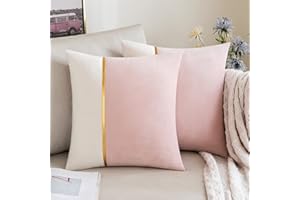 ANRODUO Pack of 2 Pink Throw Pillow Covers Decorative Velvet Patchwork with Gold Leather Pillowcase Soft Solid Decoration Cushion Case Square for Couch Sofa Living Room Spring Decor 18x18 Inch