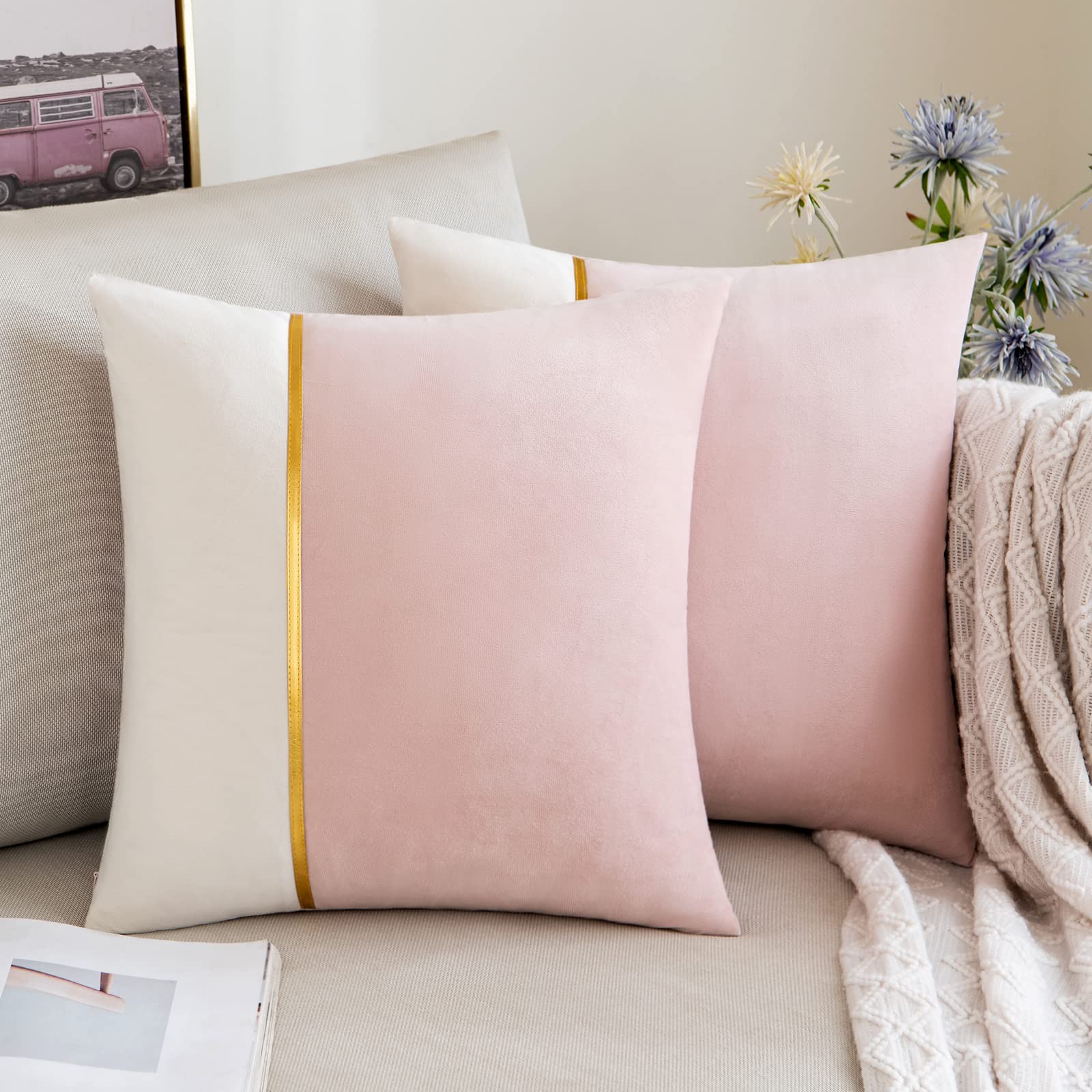 Photo 1 of ANRODUO Pack of 2 Pink Throw Pillow Covers Decorative Velvet Patchwork with Gold Leather Pillowcase Soft Solid Decoration Cushion Case Square for Couch Sofa Living Room Fall Room Decor 18x18 Inch
