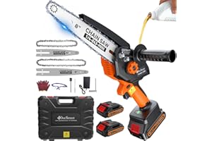 DOCSMART Mini Chainsaw Cordless, 8 inch & 6 inch Electric Chain Saw with 2 Pack Rechargeable Batteries, Battery Powered Handheld Saw Gardening Tools for Trees Branches Trimming Wood Cutting, Orange