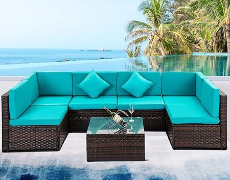 rhomtree juego de 7 muebles de mimbre de ratan para exteriores con asiento acolchado y mesa de centro de cristal para piscina patio cubierta o