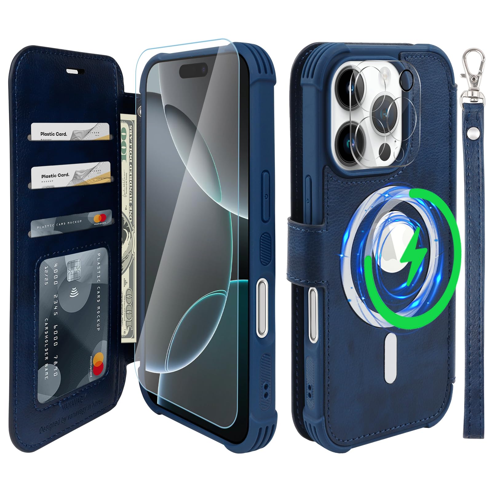 VANAVAGY Compatible for iPhone 16 Pro Wallet Case for Magsafe Wireless Charging,Leather Flip Folio Wrist [Glass Screen Protectors and Camera Lens Protectors]with RFID Block Card Holder,Navy Blue
