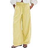 Jianzhixiao Women's Linen Wide Leg Pants Elastic Waist Summer Boho Palazzo Pants Beach Vacation Casual Trousers with Pockets