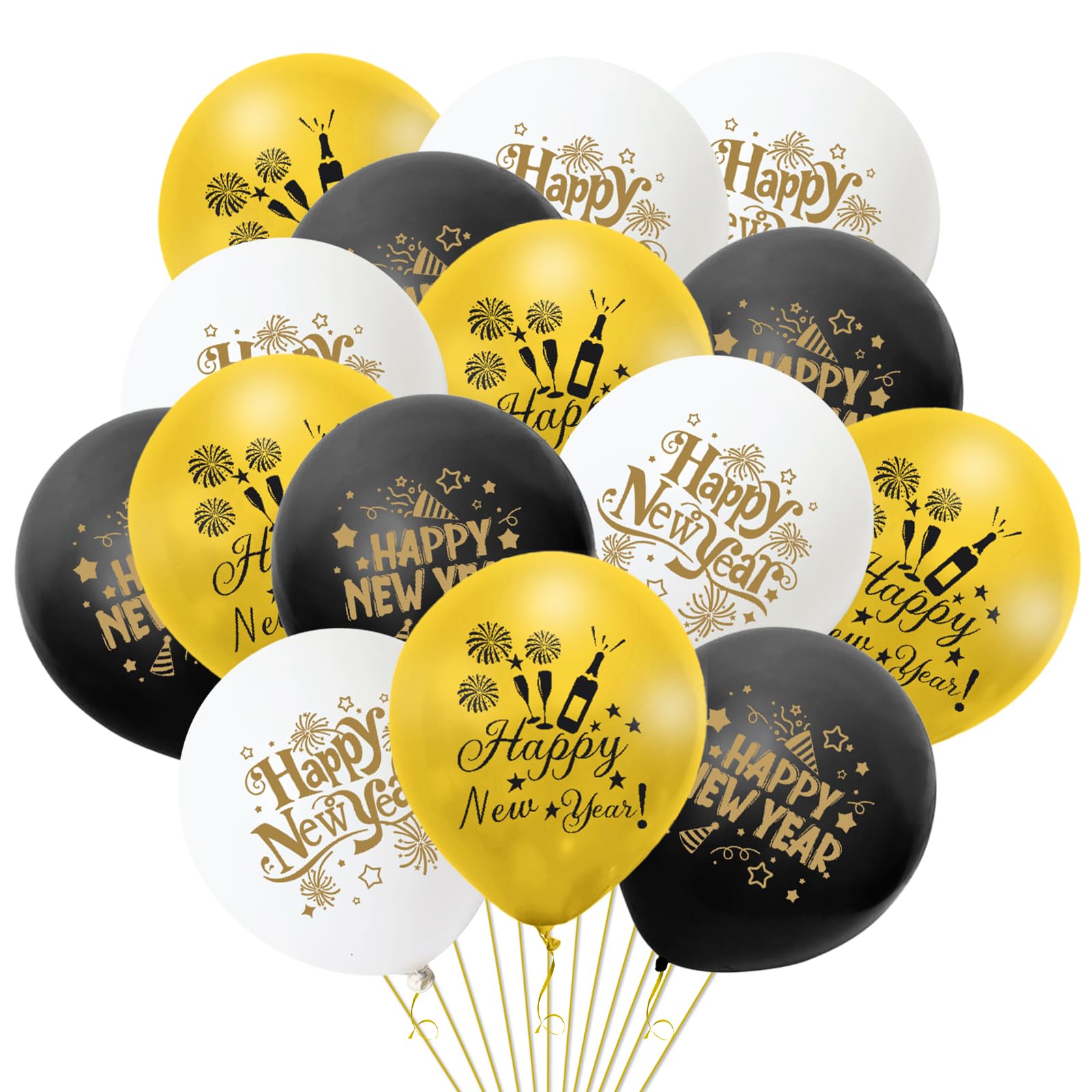 iwiio 15Pcs Happy New Year Balloons, New Years Eve Decorations 2026, Black White and Gold Latex Balloons for New Year Eve Party Supplies 2026