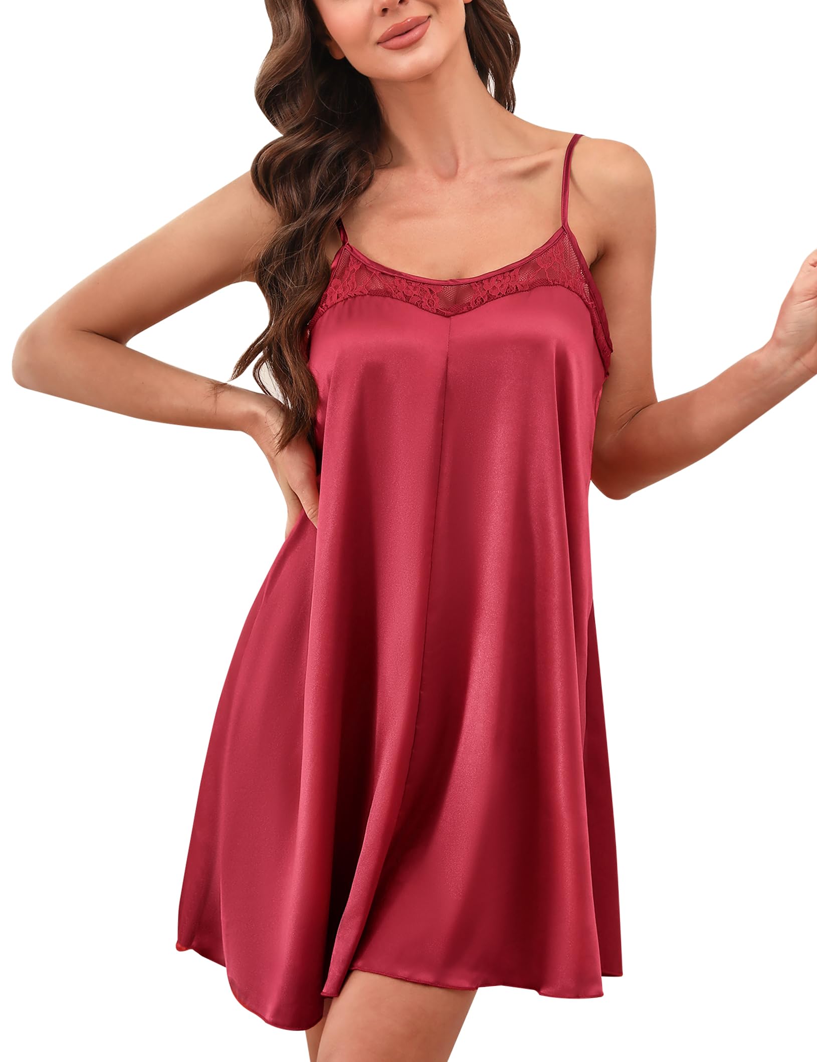 Photo 1 of ouansyltg Women's Satin Nightgown Silk Babydoll Lingerie Sexy Nighties Silky Chemise Sleepwear Wine Red M