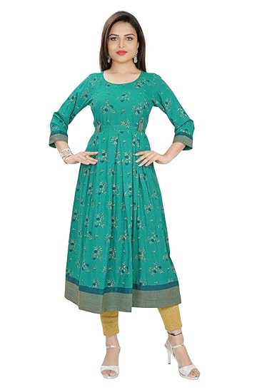 DUMMY SHAPE Womens Cotton Rayon Green Maternity Cum Feeding Long Kurti Dress for Casual