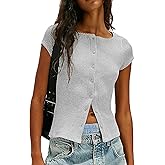 Womens Slim Fitted Shirts Short Sleeve Cardigan Button Down Blouses Y2k Ribbed Tops