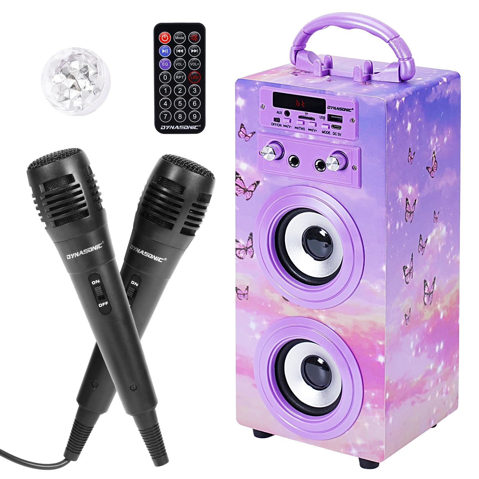 DYNASONIC Karaoke Machine with 2 Microphones, Portable Bluetooth Speaker with Lights, USB and SD Reader, Gift for Children Ages 5-13 (Model 18 lights)
