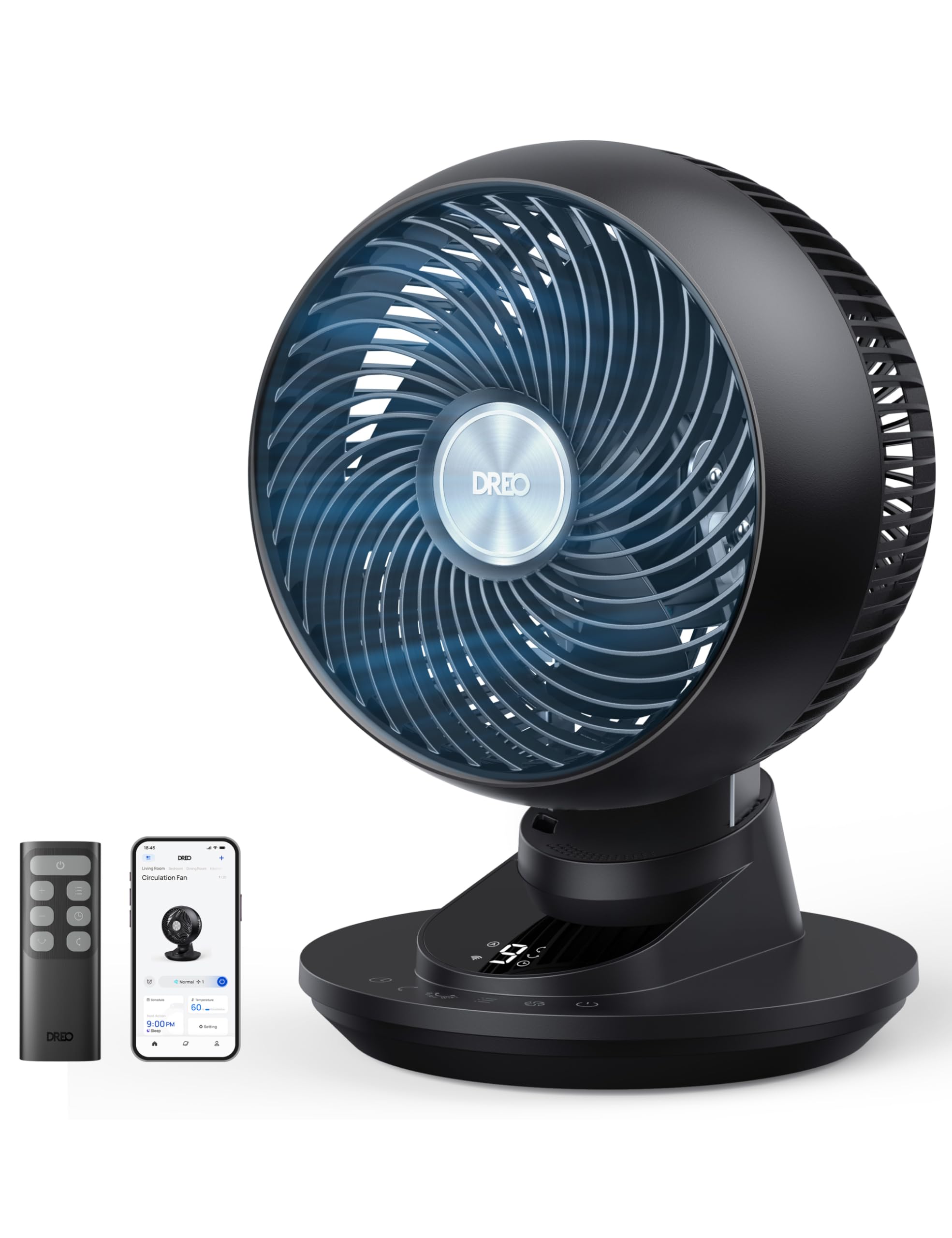 DREO Smart Fan for Bedroom, Powerful 85 ft Airflow, 12 Inches, Desk Fans in 20dB Quiet, 90°+90° oscillating fans, App/Voice Control, 9 Speeds & 8/12H Timer for Home Office Dorm