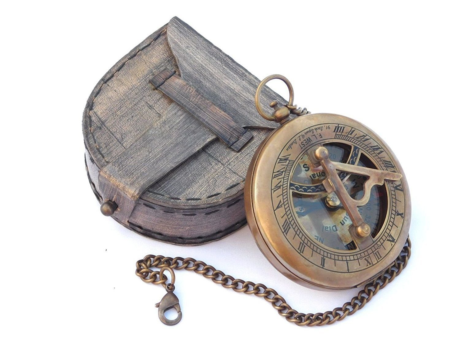 Sara International Vintage Compass Sundial with Chain & Leather Case, Brass, Functional Sundial & Compass, 3 Inches, Marine Nautical Gift