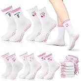 Bunnycool 5 Pairs Cute Pilates Socks with Grip for Women Cotton Non Skid Coquette Bow Cherry Ruffle Yoga Crew Workout Socks
