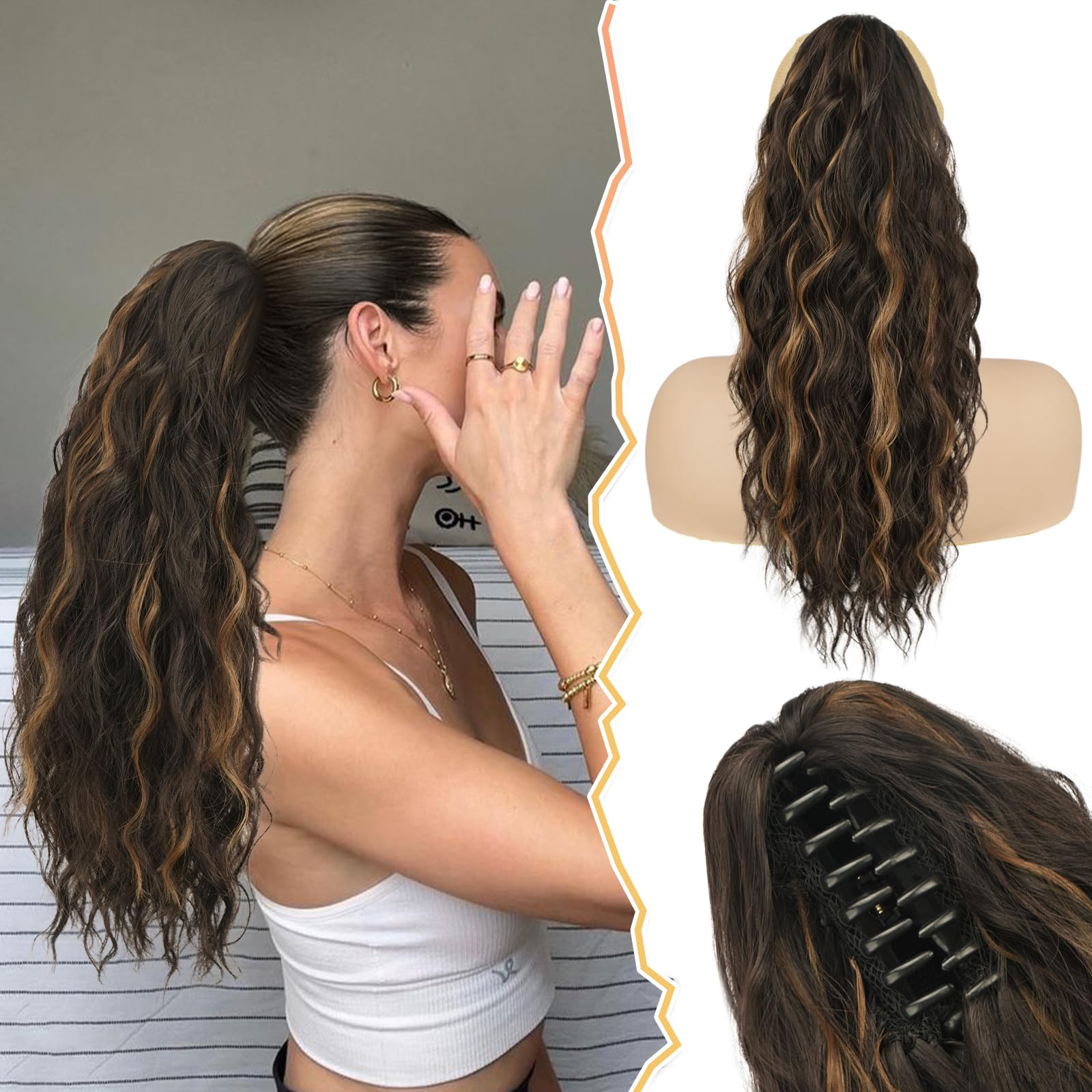 BARSDAR Claw Clip on Ponytail Extensions, Long Curly Wavy Clip in Ponytail Extension Claw Clip for Women Synthetic Clip in Ponytail Fake Pony Tail Hairpieces for Girls Daily (18Inch,Brown & Blonde)