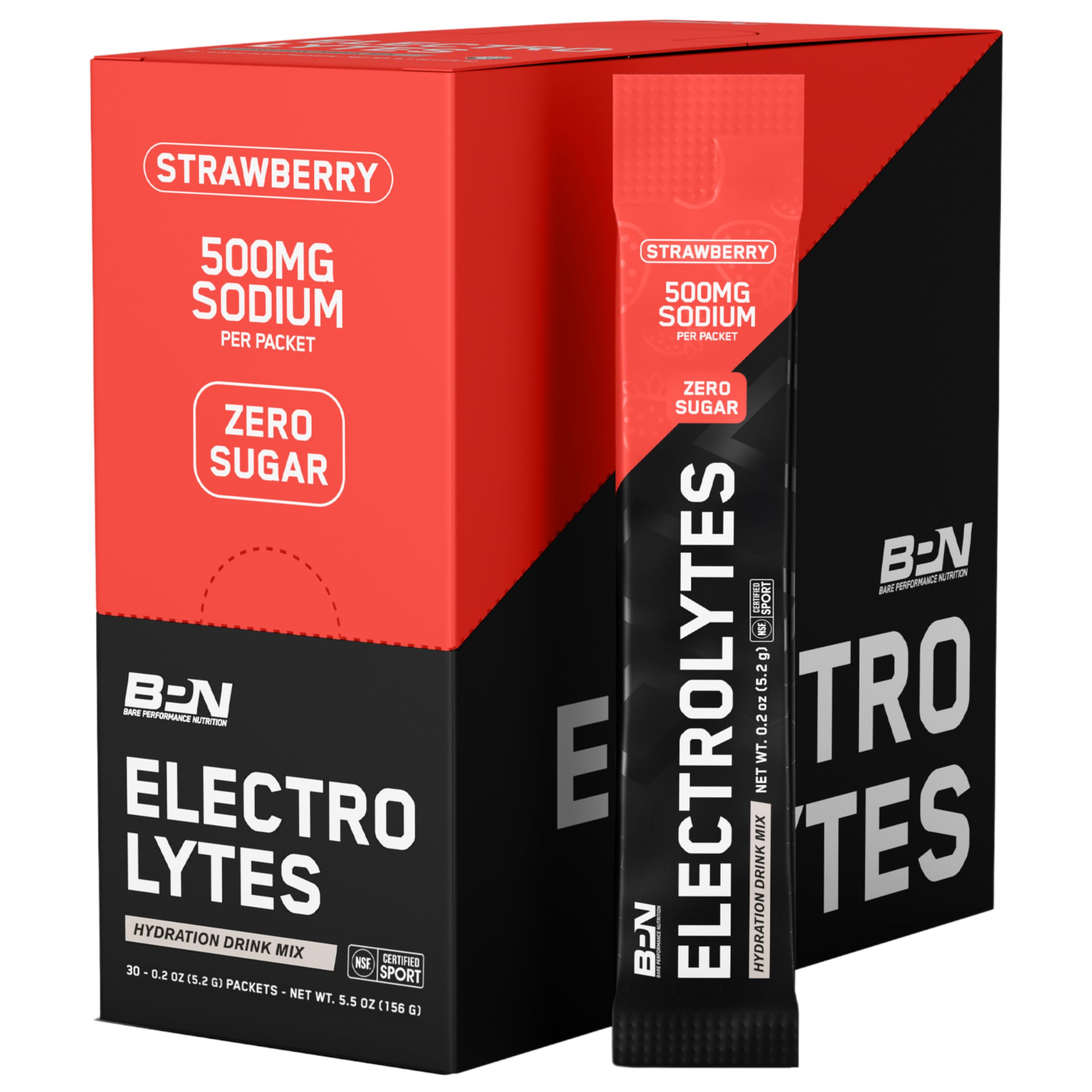 BARE PERFORMANCE NUTRITION BPN Electrolytes Go Packs Hydration Drink Mix | Sugar Free Electrolyte Powder | 500mg Sodium per Serving | Naturally Sweetened | Strawberry 30 Servings Image