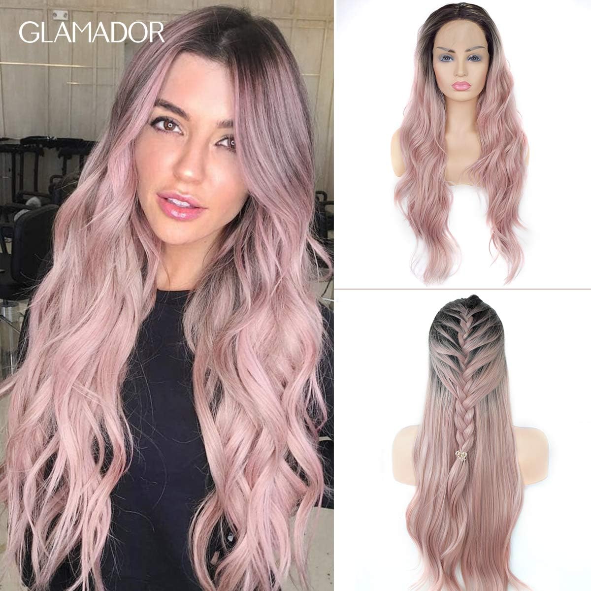Ombre Pink Lace Front Wig GLAMADOR Long Natural Wavy Synthetic Wigs,Long Wavy Lace Front Wig,Heat Resistant Full Wigs,Light Pink Natural Long Synthetic Wig for Women Half Hand Tied Lace Wigs 24''